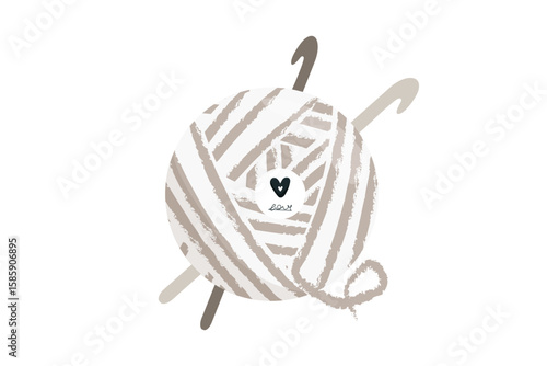Vector illustration of ball of yarn and skein with knitting needles and hooks. Hand drawn style, cozy craft theme. Includes woolen threads, Knitting, needlework and hobby concept. Soft colors, minimal