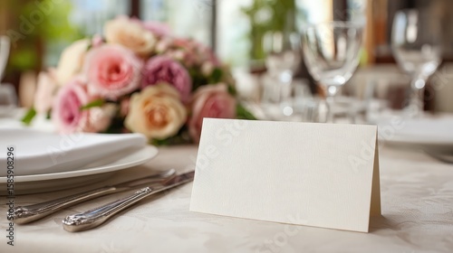 Elegant Table Setting with Pink and Cream Roses and Blank Place Card in Bright Natural Light