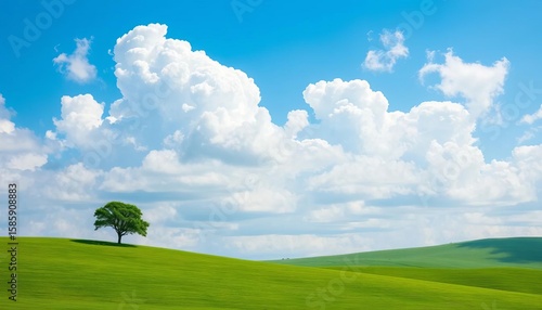 Rolling green hills under a bright blue sky with fluffy white clouds; a single tree stands in a grassy field ,  grass,  landscape