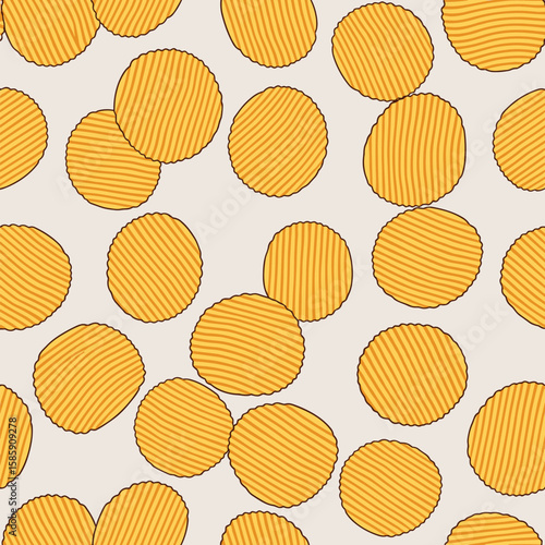 Crinkled potato chip pattern on a light background with a playful scattered design