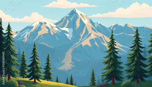 Flat style cartoon mountain landscape with fir trees Ideal for posters, cards, banners, flyers,  scenery,  clipart