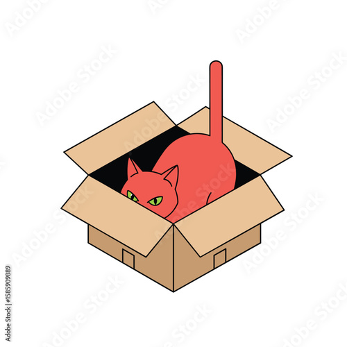 Curious red cat peeking out of cardboard box illustration