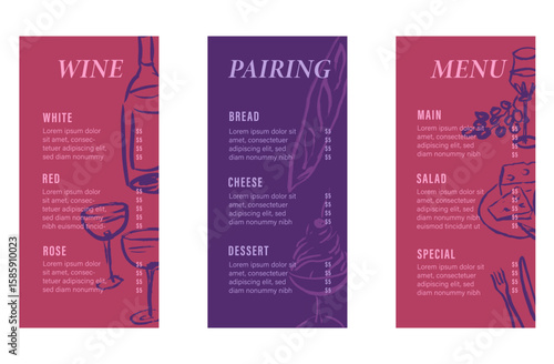 Cafe menu templates with hand drawn graphic elements, brush line art wine and charcuterie drawings