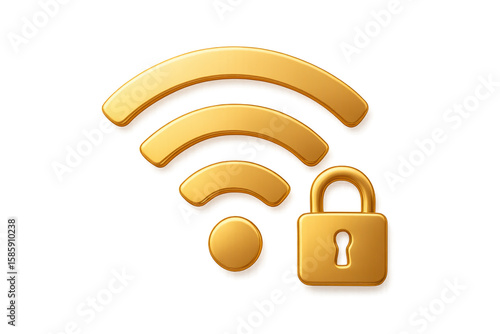 Golden wifi symbol with closed padlock representing secure internet connection on transparent background