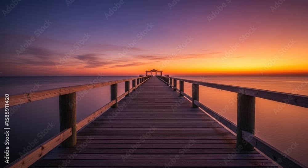 Fototapeta premium A long wooden pier stretches into the ocean under a vibrant, colorful sunset sky.