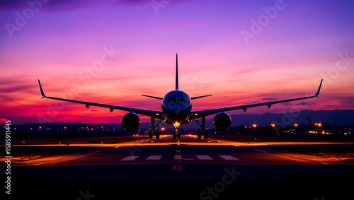 Airplane on runway at dusk with a vibrant pink and purple sky in the background at the airport
