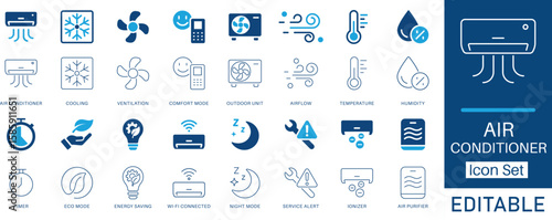 Air conditioner icon set. Includes cooling, temperature, ventilation, airflow, eco mode, humidity, timer, purifier, energy-saving symbols.  Editable line and solid Icons set collection.