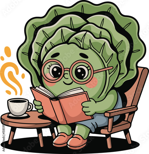 A cute cabbage character enjoying a relaxing moment, reading a book and drinking coffee transparent png vector