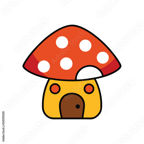 red mushroom house with grass