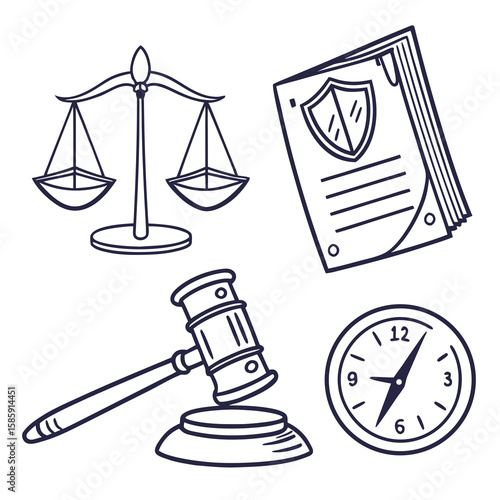 A gavel, scales, document, and clock are isolated on white background