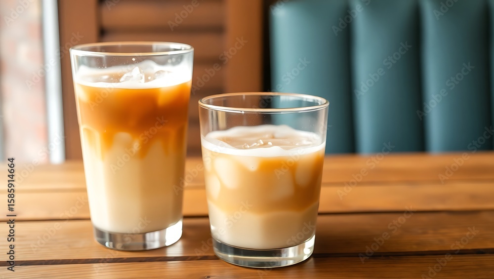 Close-up of a glass of Es Teh Tarik on a wooden table, filled with iced milk tea and frothy top layer, condensation on glass, natural morning light Close-up of a glass of Es Teh Tarik on a wooden table, filled with iced milk tea and frothy top layer, condensation on glass, natural morning light