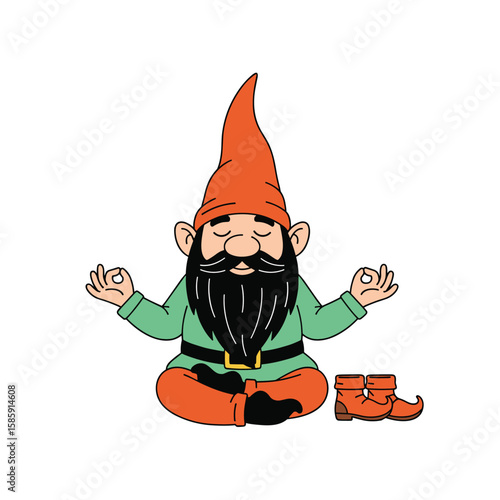 Whimsical garden gnome in zen meditation pose with boots nearby for relaxing outdoor decor