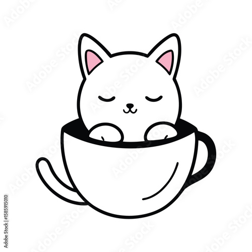 doodle style sleepy cat in teacup on white
