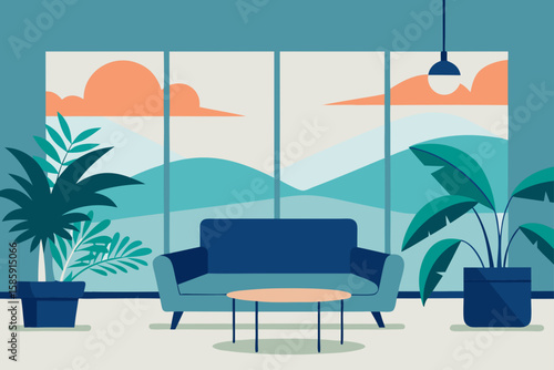 serene office lounge with view of tropical plants