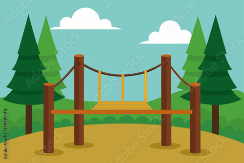 small playground with wooden bridge and ropes 