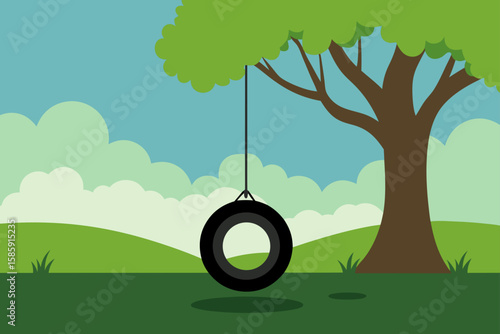 tire swing hanging from a tall oak in a green