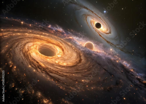 Stunning digital illustration depicting a pair of cosmic black holes and celestial bodies in deep space