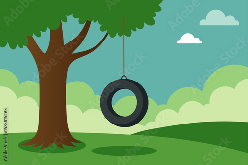 tire swing hanging from a tall oak in a green 