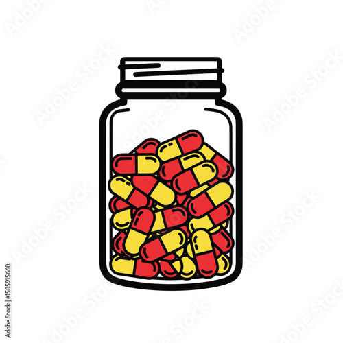 Container full of red and yellow medicine capsules for health and wellness