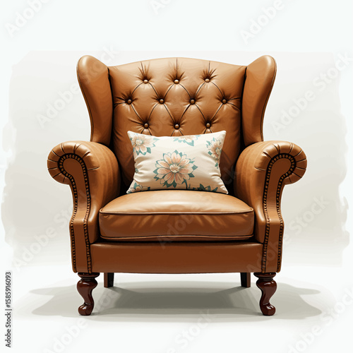 Brown Leather Wingback Chair with Floral Pillow in Cozy Living Room