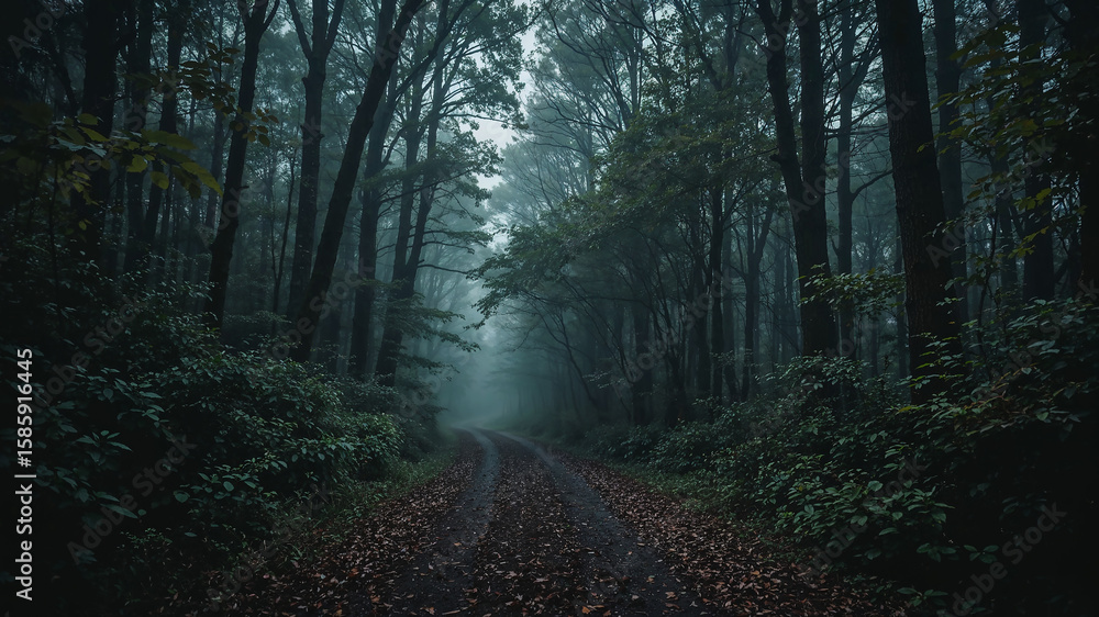 Fototapeta premium Fog entering mysterious forest road creating eerie atmosphere