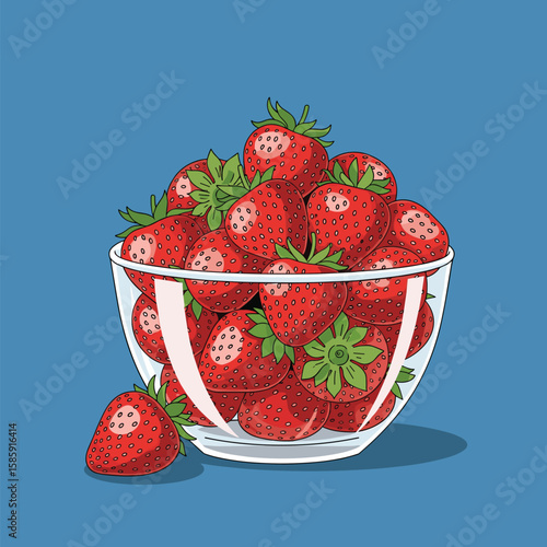 A generous serving of ripe red strawberries freshly picked and overflowing in a clear glass bowl