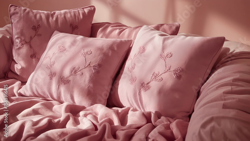 Wallpaper Mural Soft Pink Floral Embroidered Pillows on a Plush Blanket Torontodigital.ca