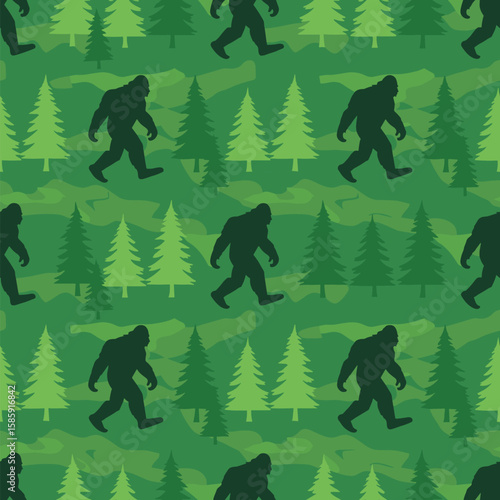 Bigfoot walking through a dense forest camouflage pattern background