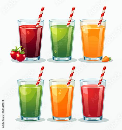 Colorful Juice Collection: Green, Orange, Red Drinks with Straws