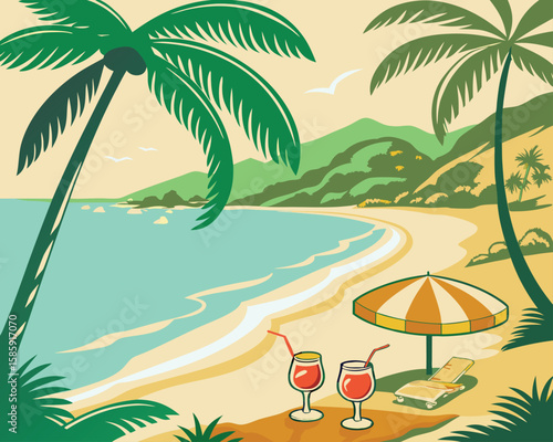 Tropical beach vacation with palm trees and cocktails. Pop-art vector, bold saturated colors, high-contrast shading, and a retro poster-inspired composition