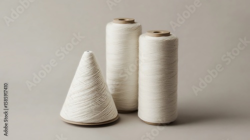 Three spools of white fiberglass yarn including two cone shaped spools and one cylindrical spool set against a plain gray background