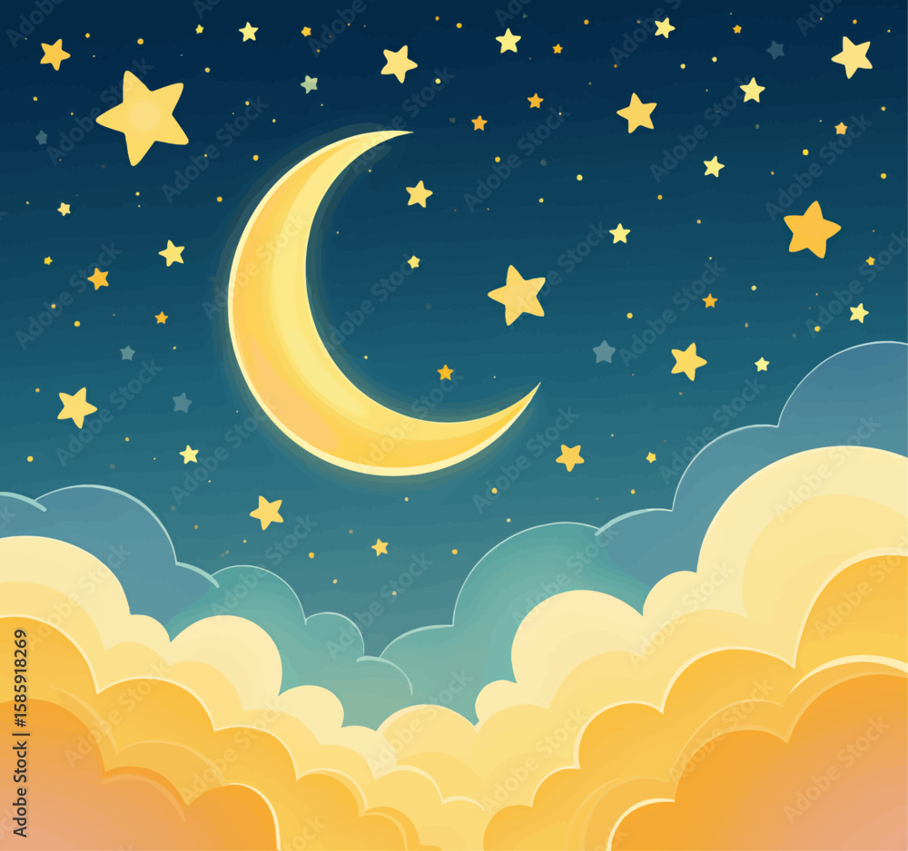 Naklejka premium Dreamy Night Sky with Crescent Moon and Stars