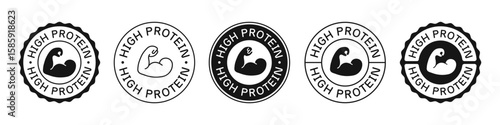 Set Of High Protein Label Signs Vector Design. Fitness Product Badge. Muscle Icon.