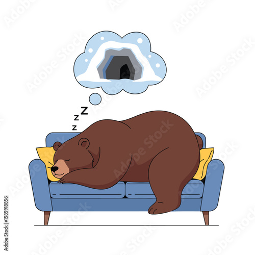 A large brown bear sleeps comfortably on a blue sofa dreaming of its cozy winter den entrance