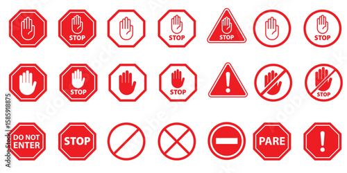 Comprehensive warning and stop signs collection with hand icons vector illustration for safety.