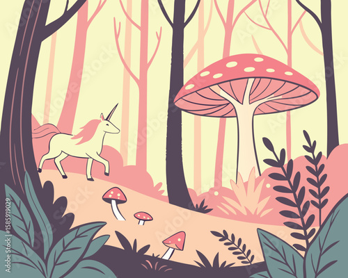 Enchanted forest with magical creatures. Whimsical fairy-tale vector, flowing organic shapes, ethereal lighting, and dreamy pastel hues