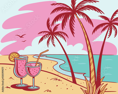 Tropical beach vacation with palm trees and cocktails. Pop-art vector, bold saturated colors, high-contrast shading, and a retro poster-inspired composition