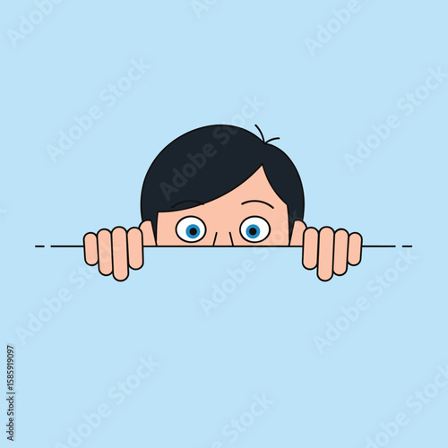 Peeking boy child hands holding edge observing something curious with wide eyes
