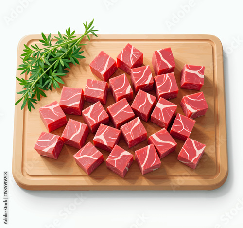 Fresh Beef Cubes on Wooden Board with Herbs