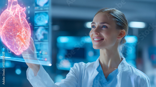 Digital Heart Analysis: A medical professional, with a warm smile, utilizes advanced technology to interact with a digital representation of a heart.
