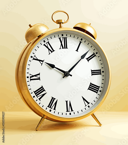 Golden Alarm Clock with Roman Numerals on Yellow Background