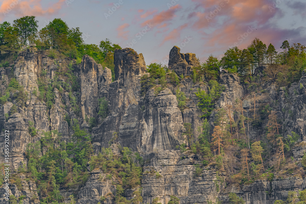Fototapeta premium Elbe Sandstone Mountains Location Saxon Switzerland Bastei Bridge Barbarine Königstein Fortress Herkules Pillars germany lilienstein popes stone