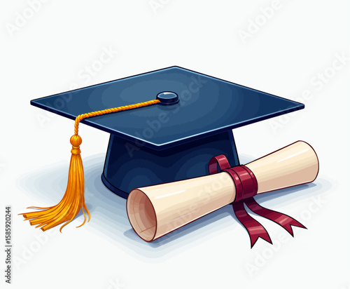Graduation Cap and Scroll with Gold Tassel and Red Ribbon