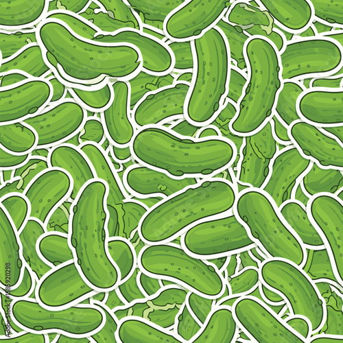 A vibrant overlapping pattern of fresh green cucumbers detailed with white outlines