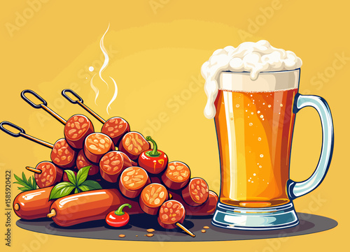 Grilled Sausages and Beer Mug in Autumnal Setting