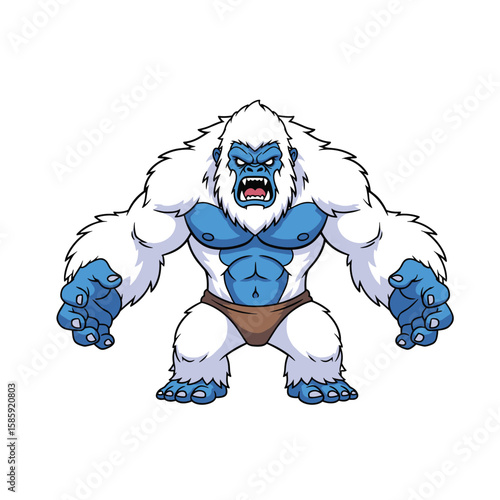 Fierce white ape creature with blue fur muscles standing aggressively in snow covered mountains