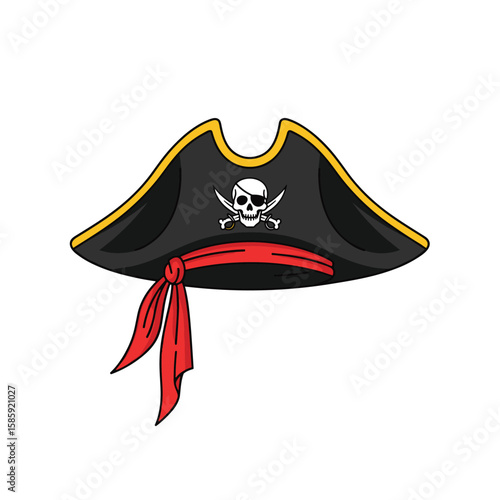 Authentic black pirate tricorne hat with red sash and skull crossbones emblem
