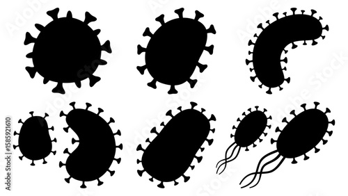 Bacteria, microbe, virus outline vector icon set. Microscopic bacterium and bacillus collection, isolated on white background