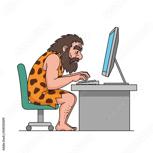 Caveman learns modern technology operating a desktop computer for digital age communication and information