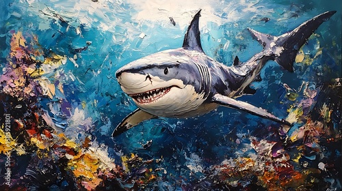 Impasto Painting of a Great White Shark Swimming Above Colorful Coral Reef